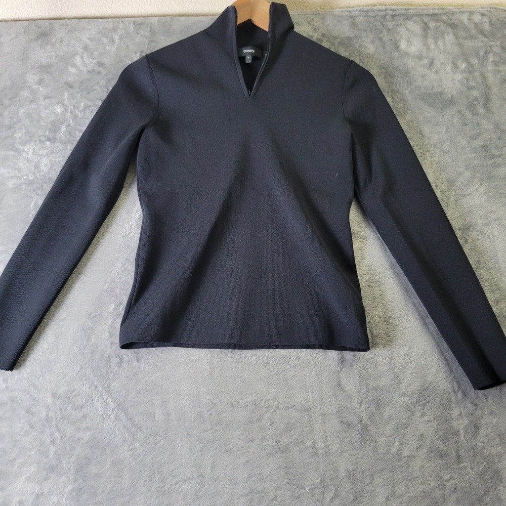Theory Black Ribbed Half Zip Top 0 Petite Mock Neck Pullover Sweater